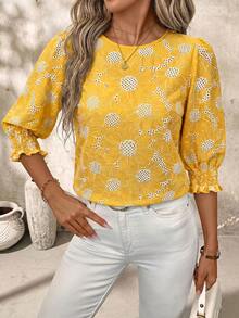 SHEIN Clasi Round Neck Shirred Romantic Boho Daisy Embroidered Top Vacation Pastel Yellow Summer - Yellow - View 6