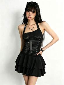 Rina Fox Women's Rhinestone Design Fashion Double Layer Ruffle Hem Halter Neck Dress - Black - View 5