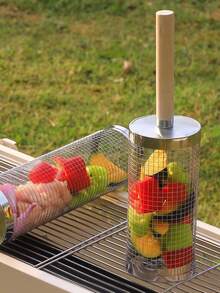 Cirelle 1PC Rolling BBQ Grilling Basket With Long Wooden Handle, Stainless Steel Mesh Cylinder Barbecue Basket, Rotating BBQ Drum Rack For Outdoor Grilling, Camping Picnic Accessories - round - View 6