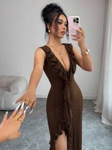Elenzga Vestido elegante y romántico de línea A con contraste de color a rayas negro y blanco sin mangas para mujeres - Café - View 4
