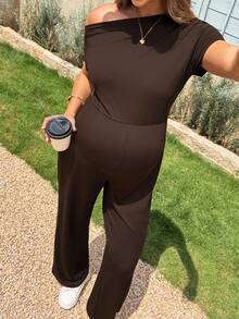 SHEIN Maternity Solid Color Asymmetrical Neck Short Sleeve Casual Normal Jumpsuit Baby Shower Summer Photoshoot - Brown - View 6