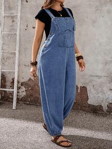 EMERY ROSE EMERY ROSE Plus Size Women'S Pocket Design Wide Leg Loose Casual Denim Overalls Vacation Outfits - Medium Wash - View 3