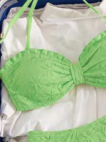 Swim Mod 新款女款優雅清新檸檬奶黃色兩件式比基尼泳衣套裝，陽光黃奢華紋理布料花卉壓紋荷葉邊比基尼，可轉換掛脖平口上衣附可拆式肩帶，性感高衩三角泳褲，休閒可愛俏皮 Y2K Spice Hot Girl 風格海灘裝，適合音樂節、春夏海灘度假、泳池派對與島嶼度假 Mod 風格 - 綠色 - 查看 6
