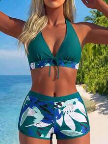 Swim Lushoire 女款夏季海灘抓皺掛脖綁帶性感比基尼短褲兩件式泳衣套裝 - 綠色 - 查看 3