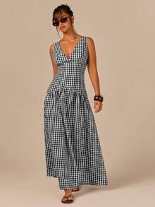 Athîral Women's V-Neck Plaid Pleated Casual Cottagecore Boho Party Picnic Vacation Travel Dress Black Gingham Summer - Black and White - View 5