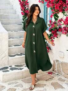 Vionelle Plus Size Women's Metal Starfish Decor Casual Elegant Party Vacation Dress Dark Green Summer - Army Green - View 4