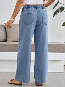 SHEIN Maternity Casual Low Waist Straight Leg Jeans Summer Fall Festival Going Out Graduation Casual Back To School Basic Blue Business - Blue - View 2