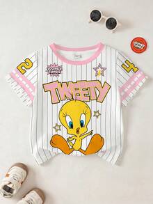 LOONEY TUNES X SHEIN 女童條紋字母卡通印花休閒日常夏季短袖T恤 - 白色 - 查看 1