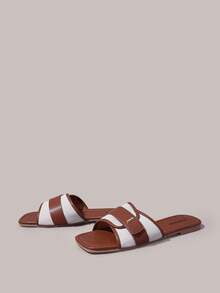 Styleloop Women Shoes Multi-Colored Canvas Splicing Square Toe Flat Bottom Cross Sandals, Simple Casual Style, Suitable For Daily Commuting, Vacation Travel - Brown 4 - View 2