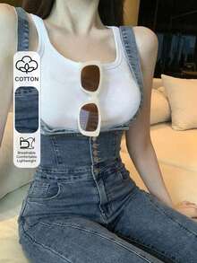 FRIFUL Women's Solid Color Button Skinny Denim Overalls - Blue - View 1