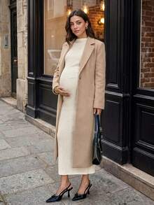 MaterniWear Women's Summer Maternity Casual Beige Short-Sleeve Slim-Fit Jacquard Knit Dress - Apricot - View 3