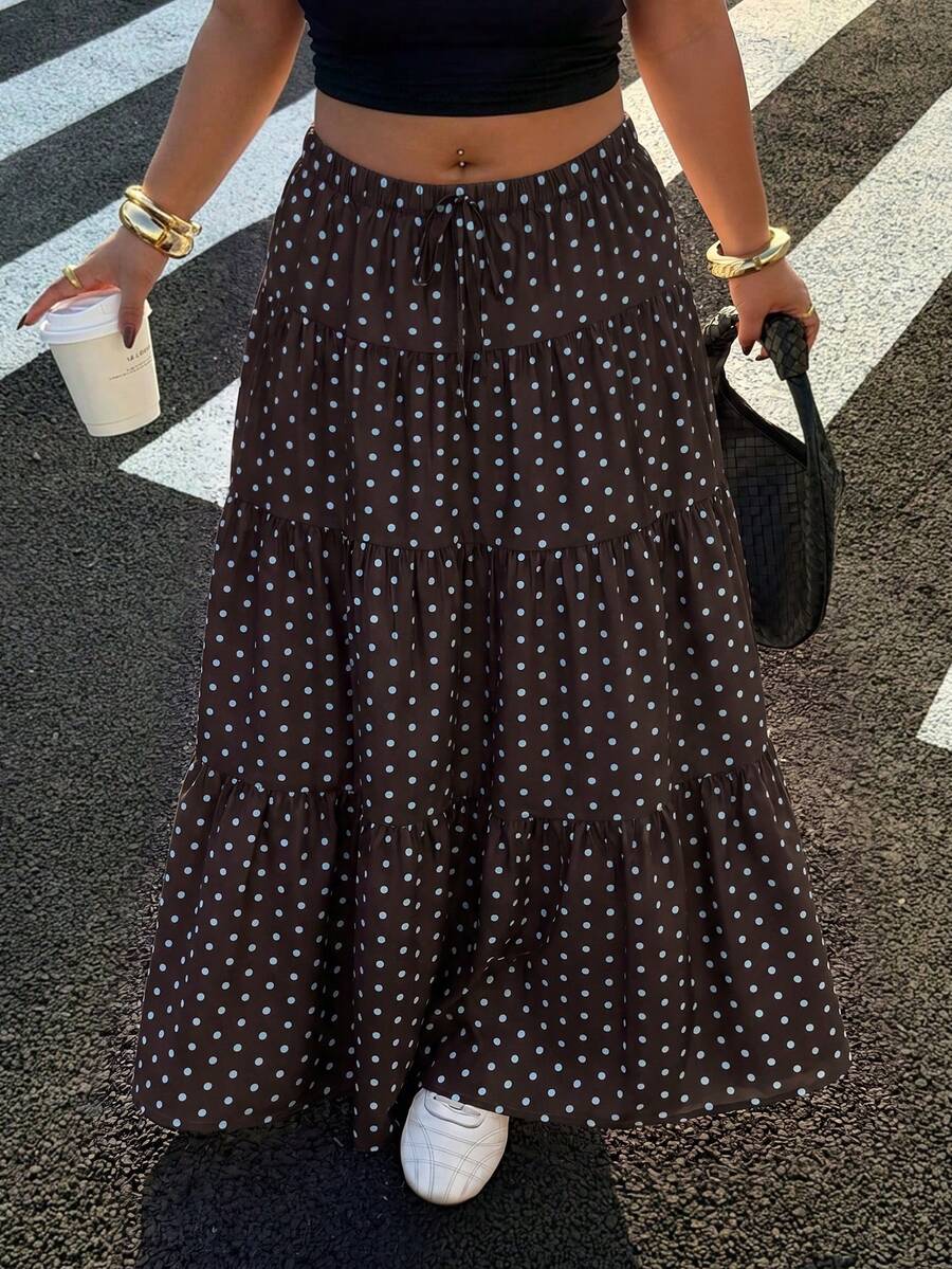 Muchica Coffee Brown Polka Dot Plus Size Women Skirt - Coffee Brown - View 1