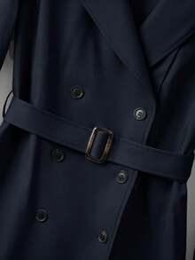 Qadelle 優雅女款風衣，配有鈕扣裝飾袖口與對比條紋設計 - 藏蓝色 - 查看 3