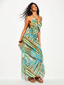 Femmeiva Color Block Striped Halter V-Neck Dress, Ruched Waist Layered Ruffle Dress, Sexy Beach Vacation Vibe Long Dress - Multicolor - View 6