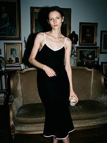 Livesso Women's Contrast Trim Spaghetti Strap Mermaid Hem Loungewear Dress Summer - Black - View 5