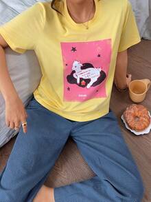DAZY Women's Cartoon Print Top & Plaid Pants Pajama Set Summer - Yellow - View 8