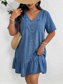SHEIN CURVE+ Plus Size Vacation Casual Ruffle Hem Denim Dress Fall/Winter Elegant Casual Y2k Chic Basic Festival Back To School CURVE+ 5XL Ruffle Going Out - Blue - View 5