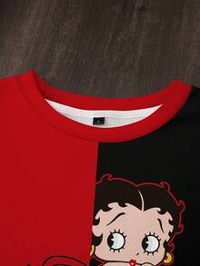 Betty Boop x SHEIN Women's Round Neck Long Sleeve Cartoon Pattern Letter Print Sweatshirt - White - View 3