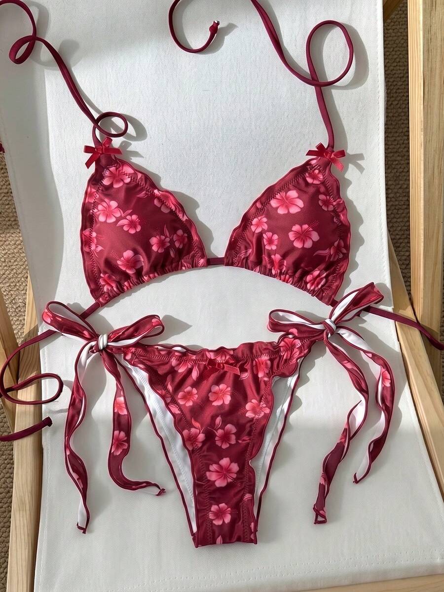SHEIN Swim 女款分體比基尼泳衣,海灘度假裝、泳池派對穿搭,春夏款,甜美熱帶性感成熟時尚復古優雅酒紅色 - 紅色 - 查看 1