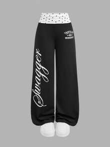 SHEIN Kids Teen Girls Pants Black Knitted Casual Street-Style Trousers Featuring A Contrasting-Color Polka Dot And English Letter Pattern,Back To School - Black and White - View 6