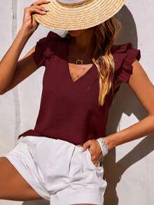 EMERY ROSE Women's Solid Color V-Neck Flutter Sleeve Casual Loose Fit Blouse - Burgundy - View 5