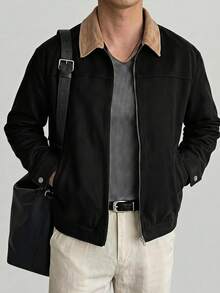 DAZY 秋季黑色麂皮抓絨休閒男士夾克，配對比領 - 黑色 - 查看 4