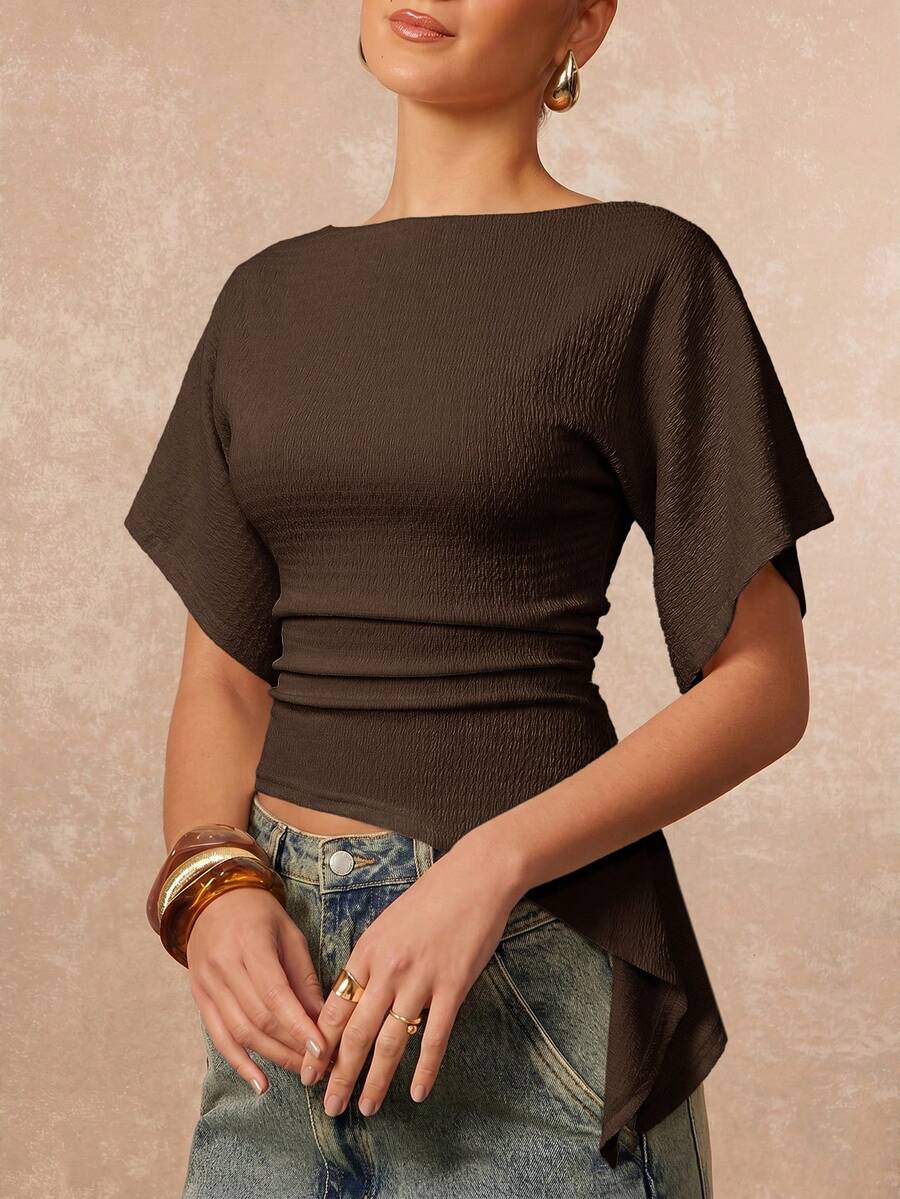 Lumalex Women's Knitted Textured Asymmetrical Waist T-Shirt - Brown - View 1