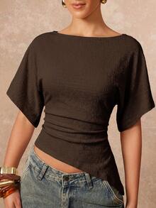 Lumalex Women's Knitted Textured Asymmetrical Waist T-Shirt - Brown - View 5