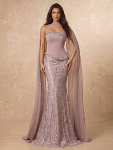 Lumalex Elegant Luxurious Diamond Pearl Sequin Floral Mesh Patchwork Stretch Knit Mermaid Skirt With Hanging Chiffon Flounce,Suitable For Wedding,Party,Prom - Dusty Pink - View 3