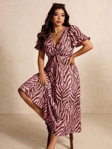Elaquor Plus Size Women's Zebra Print V-Neck Short Sleeve Elegant Dress Vacation Pink Summer - Multicolor - View 3