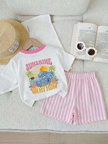 SHEIN 春意盎然，甜美可爱的小公主，波西米亚风印花，女婴休闲柔软宽松圆领短袖T恤搭配修身骑行短裤，适合春夏日常、居家、度假、节日等各种场合，充满春日气息，夏日氛围，轻松舒适的春夏套装，时尚女婴休闲装，公主范儿，花朵图案T恤套装，春夏套装，新款，清凉舒适，春日氛围，夏日清凉 - 彩色 - 查看 3