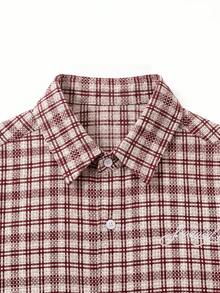 SWAVVY 男士字母刺繡格紋短袖單排扣襯衫 - 紅色 - 查看 4