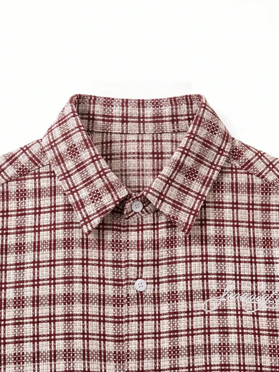 SWAVVY 男士字母刺繡格紋短袖單排扣襯衫 - 紅色 - 查看 1
