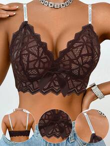 SHEIN Elacene 1pc Women's Lace Wire-Free Bra - Coffee Brown - View 4