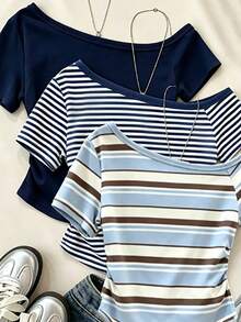 SHEIN Tween Girls Digital Striped Pattern And Solid Color Asymmetric Shoulder Short Sleeve 3-In-1 Top, Spring Summer Casual Comfortable, Versatile For Summer And Autumn, Suitable For Outdoor Sports, Picnic, Street Photography, Vacation, Holiday, Gift, Daily Wear Classic Striped Design - Multicolor - View 4