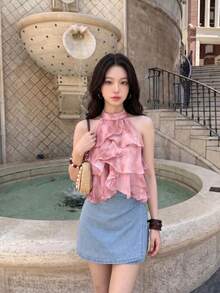 SHEIN MOD Women's Light Pink Summer Elegant Dinner Date Tie-Dye Print Multi-Layer Ruffle Backless Halter Top,Beach Vacation Party Ceremony Tiered Frilly Top - Pink - View 6