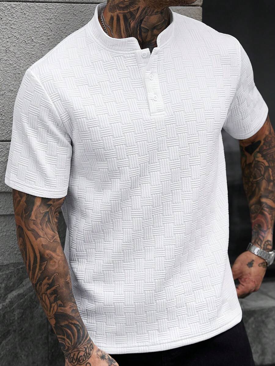 Manfinity CasualCool Men's Textured Button Half-Placket Short Sleeve Polo Shirt For Vacation - White - View 1