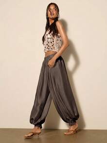 COSMINA Women's Solid Color Pocket Pleated Casual Daily Lantern Pants - Coffee Brown - View 6