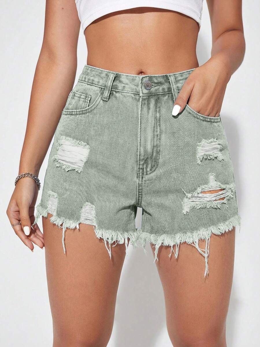 SHEIN Essnce 女款時尚百搭口袋鈕扣磨損毛邊牛仔短褲 - 綠色 - 查看 1