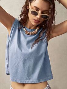 Bohemela Áo tank top không tay cổ tròn dành cho nữ đi nghỉ mát - Màu xanh lam - Xem 3