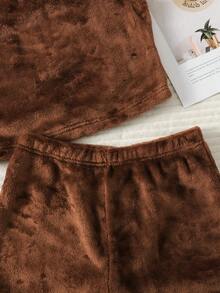 SHEIN Tween女孩休閒居家服雙面法蘭絨抓絨背心與短褲套裝，2件套，灰粉色，秋冬穿搭，隨機發送2件 - 藕粉色 - 查看 5