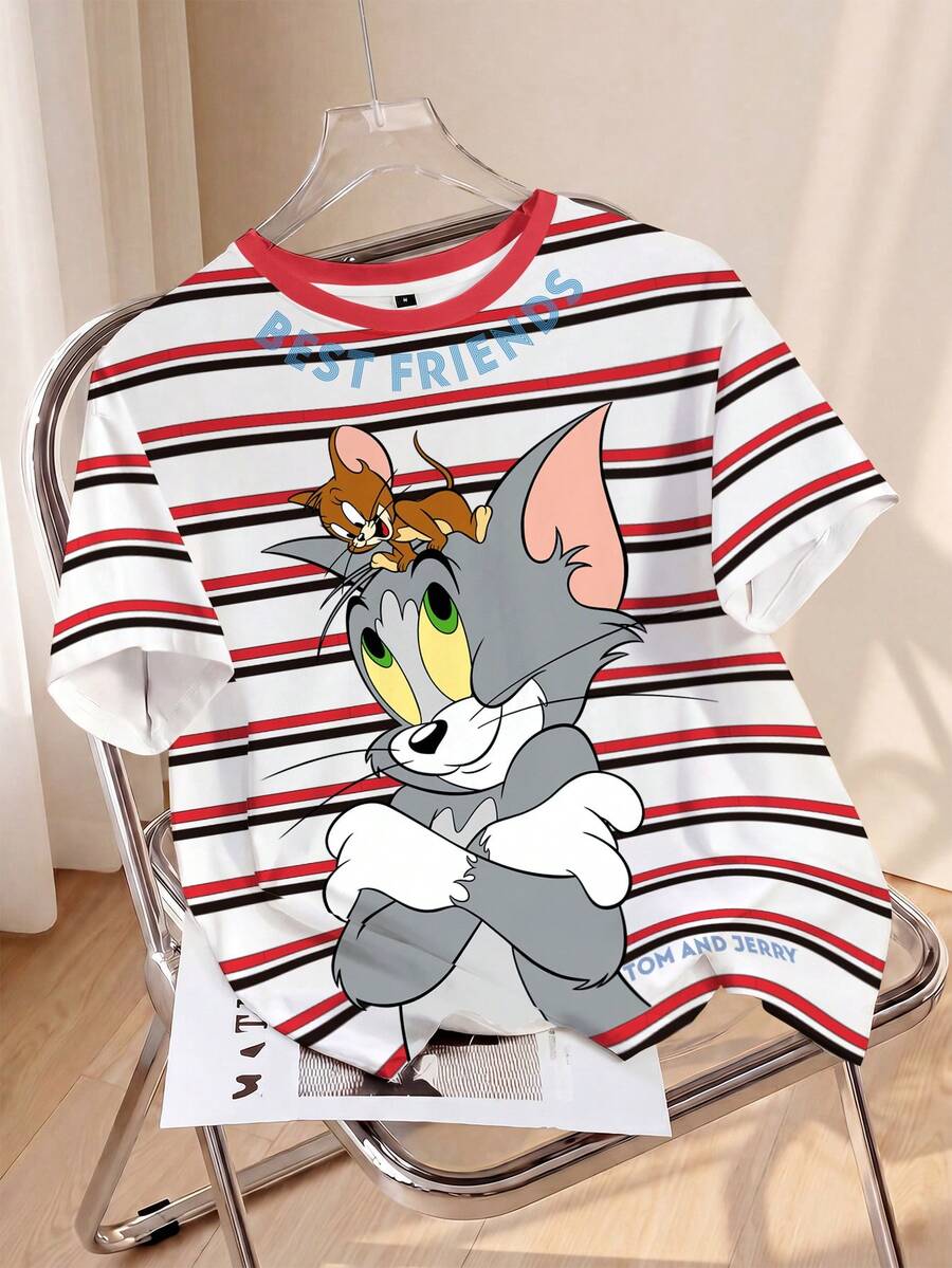 TOM & JERRY X SHEIN 女款條紋圓領短袖休閒寬鬆版型T恤 - 白色 - 查看 1
