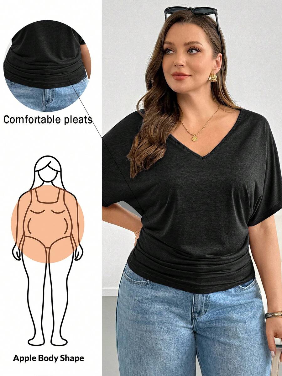 Shapeblank 大尺碼女款純色V領蝙蝠袖短袖休閒T恤