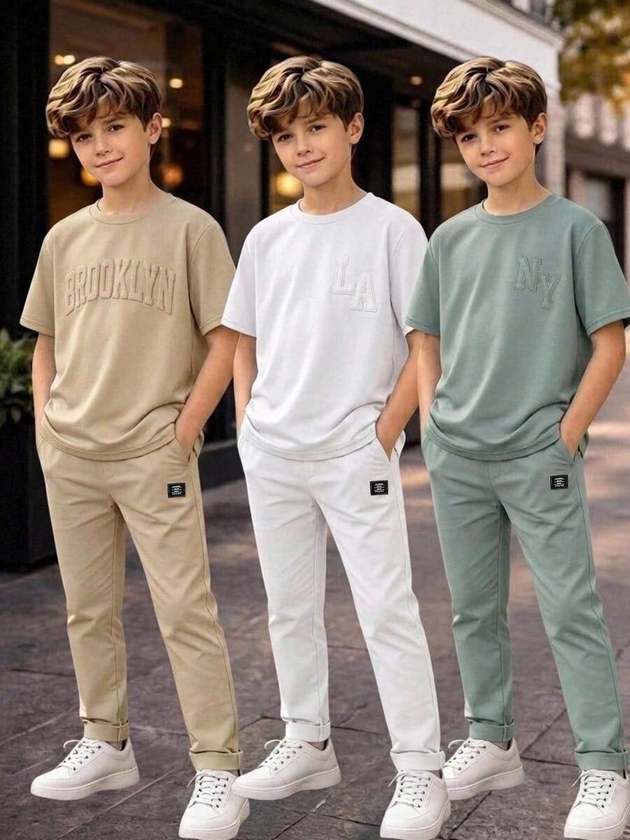 SHEIN 6件組兒童青少年男孩休閒百搭字母圖案壓紋圓領短袖T恤與長褲兩件套，多色，適合通勤、上學、日常休閒、外出、運動，春夏季