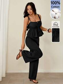 SHEIN PETITE Women's Summer Casual Solid Color Camisole Top Long Pants 2 Pieces Set Vacation Black - Black - View 1