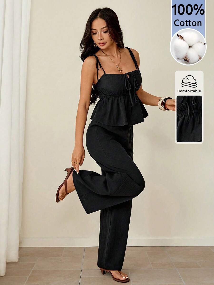 SHEIN PETITE Women's Summer Casual Solid Color Camisole Top Long Pants 2 Pieces Set Vacation Black - Black - View 1