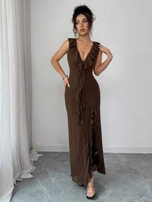 Elenzga Vestido elegante y romántico de línea A con contraste de color a rayas negro y blanco sin mangas para mujeres - Café - View 8
