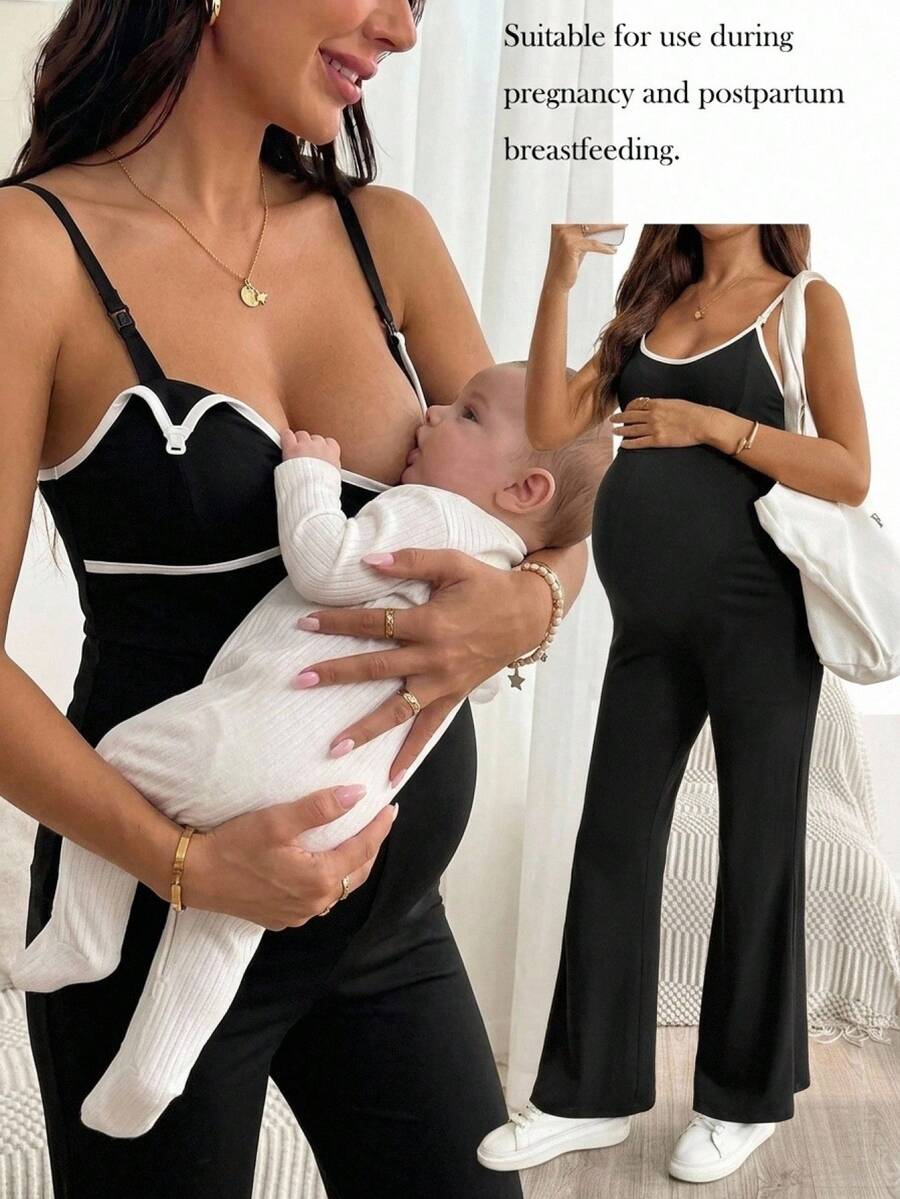 SHEIN Maternity Colorblock Flare Leg Casual Nursing Camisole Pants Breastfeeding Summer Baby Shower Nursery Hospital Labor And Delivery Postpartum - Black - View 1