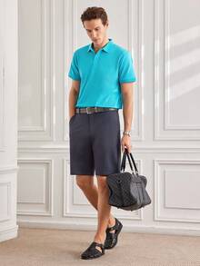 Officeau Men's Summer Lightweight Fabric Polo Shirt Slim Fit Short Sleeve Solid Color Collar Top, Suitable For Daily, Commute, Office, Light Sports - Mint Blue - View 4