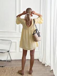 Easowa Women's V-Neck Pleated Casual Cute Elegant Sexy Everyday Dress Vacation Pastal Autumn Cotton Comfortable Beach Garden Party Brunch Golf Light Yellow - Light Yellow - View 4